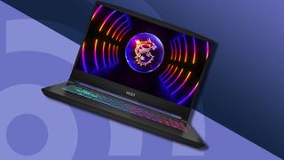 An MSI Katana 15, currently the best cheap gaming laptop, against a purple techradar background