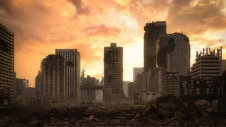 an apocalyptic cityscape with orange sky