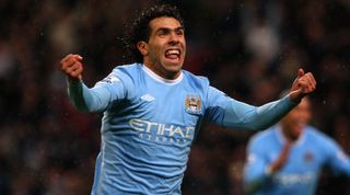 MANCHESTER, ENGLAND - DECEMBER 05: Carlos Tevez of Manchester City celebrates scoring his team's second goal during the Barclays Premier League match between Manchester City and Chelsea at the City of Manchester Stadium on December 5, 2009 in Manchester, England. (Photo by Alex Livesey/Getty Images)
