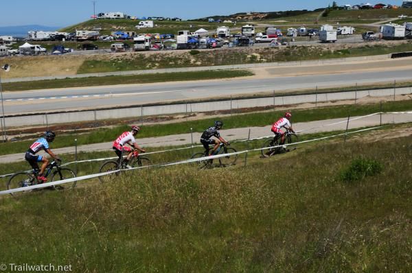 Burry Stander (Specialized) leading a group containing Sam Schultz, Max Plaxton, and Jeremy Horgan-Kobelski