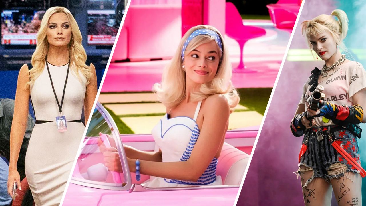 a split screen image of Margot Robbie in Barbie, Harley Quinn 