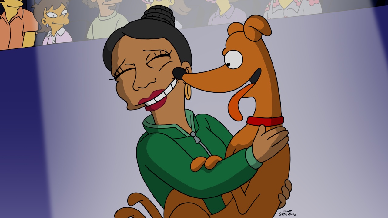 Quinta Brunson as Adrienne hugging Santa's LIttle Helper in The Simpsons Episode 800