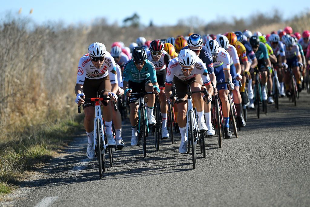 BELLEGARDESURVALSERINE FRANCE FEBRUARY 02 LR Antoine Raugel of France and Larry Warbasse of United States and AG2R Citren Team lead The Peloton during the 52nd toile De Bessges Tour Du Gard 2022 Stage 1 a 1608km stage from Bellegarde to Bellegarde 161m EtoiledeBesseges EDB2022 on February 02 2022 in BellegardesurValserine France Photo by Luc ClaessenGetty Images