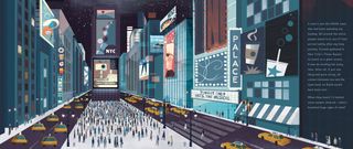 In "Curiosity: The Story of a Mars Rover," author and illustrator Markus Motum creates a Times Square scene in which pedestrians tune into the news of the rover's landing on the Red Planet.
