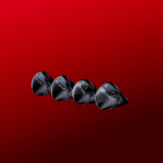 Four black COBRA golf drivers shown in a row on a bright red background, arranged diagonally from left to right.