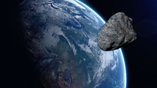 An asteroid flying past Earth.