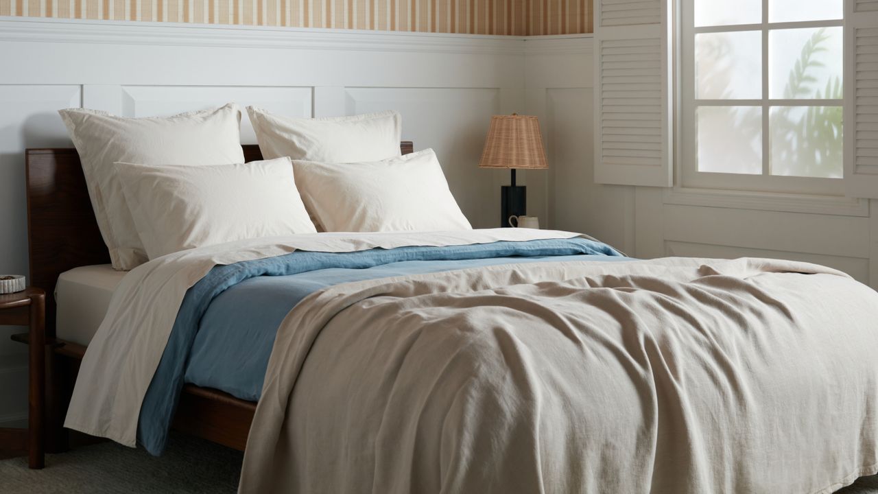 Bedroom with neutral bedding