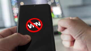 Icon of blocked vpn on a black smartphone screen. blocking VPN services concept 