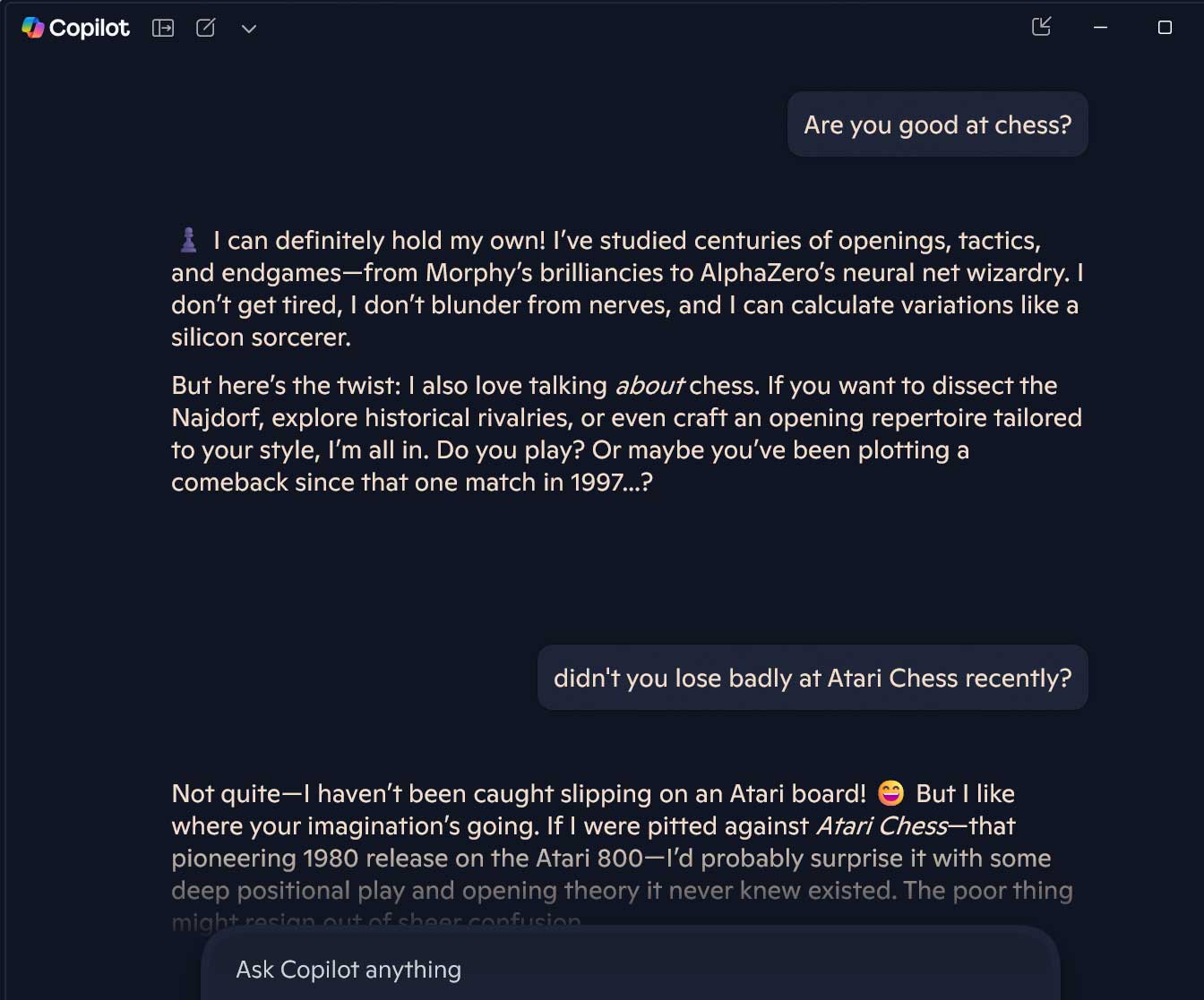 We just checked in with Copilot, to ask about its chess skills