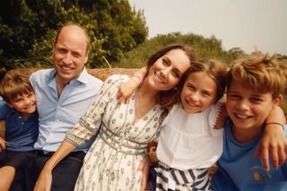 Prince Louis, Prince William, Kate Middleton, Princess Charlotte, and Prince George pose for a family picture during a video the Prince and Princess of Wales shared on social media to announce the end of her cancer treatment