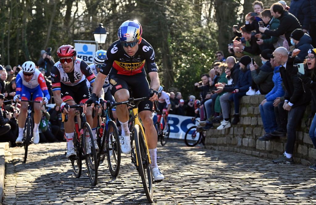 Belgian Wout Van Aert of Team JumboVisma Italian Matteo Trentin of UAE Team Emirates Swiss Stefan Kung of GroupamaFDJ and Italian Sonny Colbrelli of Bahrain Victorious pictured in action on the Muur of Geraardsbergen Kloostermuur during the mens elite race of the Omloop Het Nieuwsblad oneday cycling race 2042km from Gent to Ninove Saturday 26 February 2022 BELGA PHOTO DAVID STOCKMAN Photo by DAVID STOCKMANBELGA MAGAFP via Getty Images