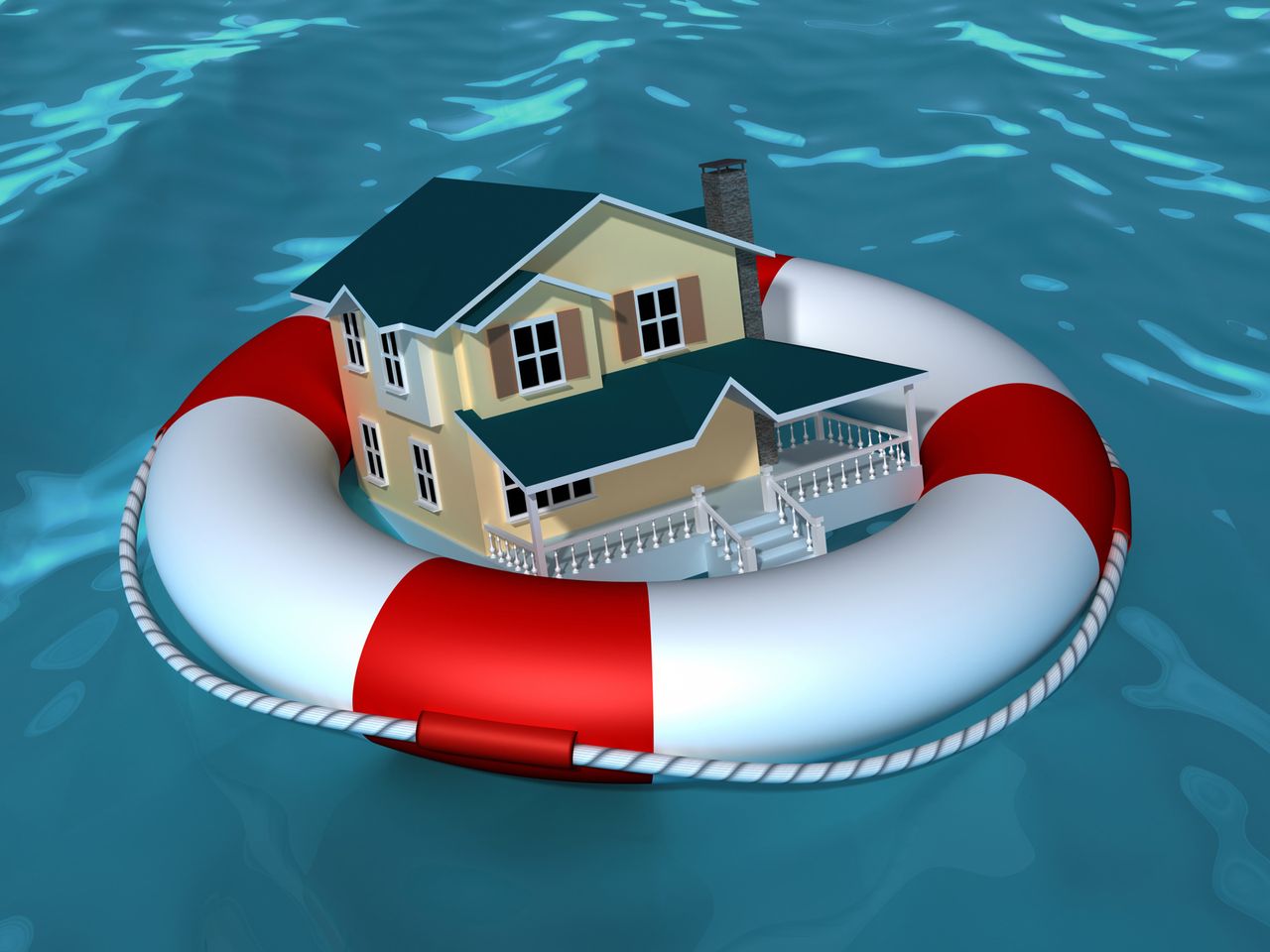 photo illustration a house floating on a life preserver