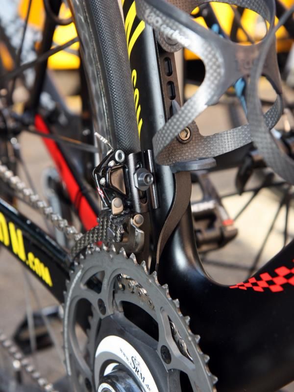 Omega Pharma-Lotto's unique chain watchers are stoutly secured beneath the water bottle cage.