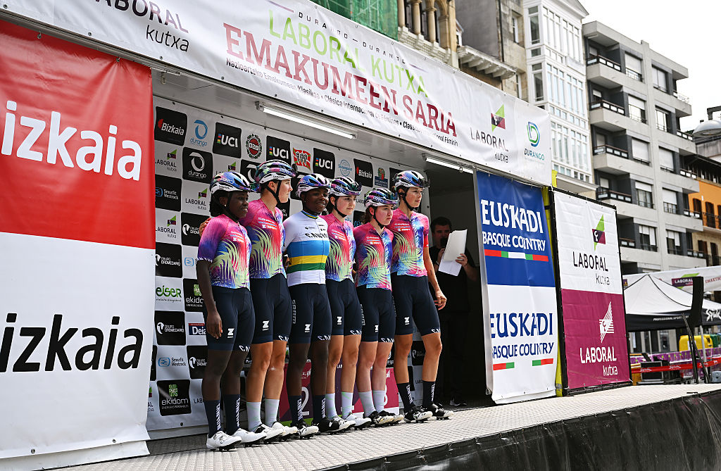 DURANGO, SPAIN - MAY 20: A general view of Florence Nakagwa of Uganda, Diane Ingabire of Rwanda, Emily Dixon of Great Britain, Awen Roberts of Great Britain, Maude Le Roux of France, Jule Markl of Germany and Team Canyon//SRAM Zondacrypto Generation prior to the 24th Durango - Durango Emakumeen Saria 2025 a 113km one day race from Durango to Durango / #UCIWWT / on May 20, 2025 in Durango, Spain. (Photo by Szymon Gruchalski/Getty Images)