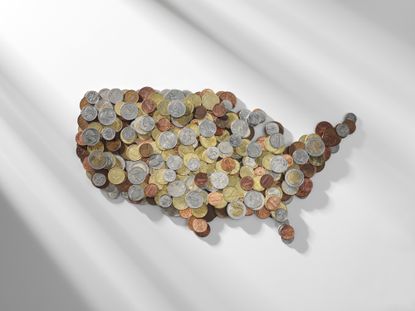 The States of America, made of American cents, Euros and British currency on paper N.B. the Queen's head is not visible.