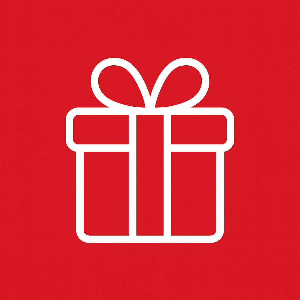 White outline of a wrapped gift on a red background