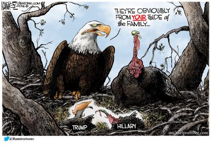 Political cartoon U.S. 2016 election Donald Trump Hillary Clinton Eagle Turkey
