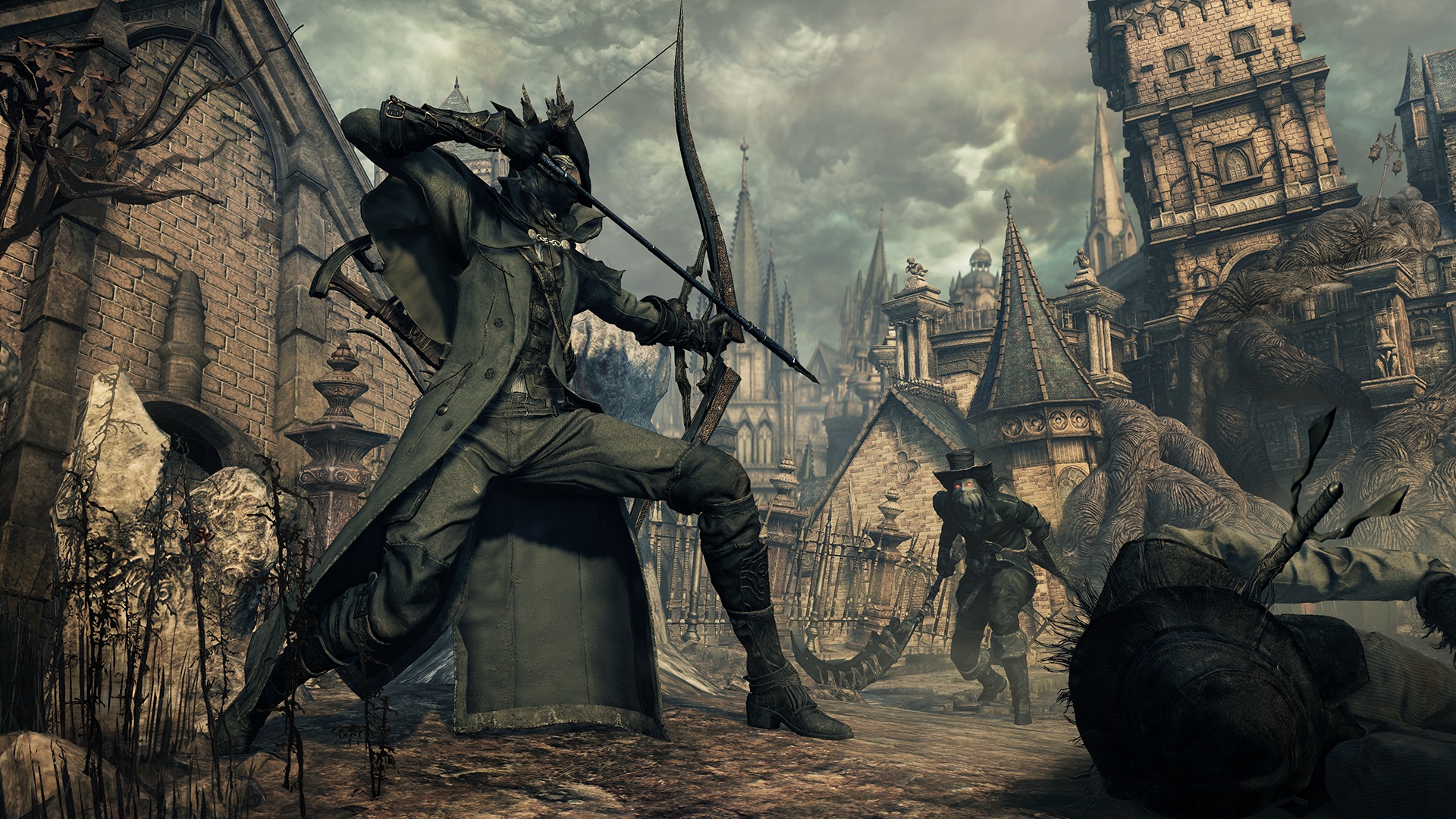 In Bloodborne, The Hunter draws a bow and arrow at an enemy