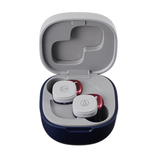The Audio-Technica ATH-SQ1TW true wireless earbuds pictured next to their charging case.