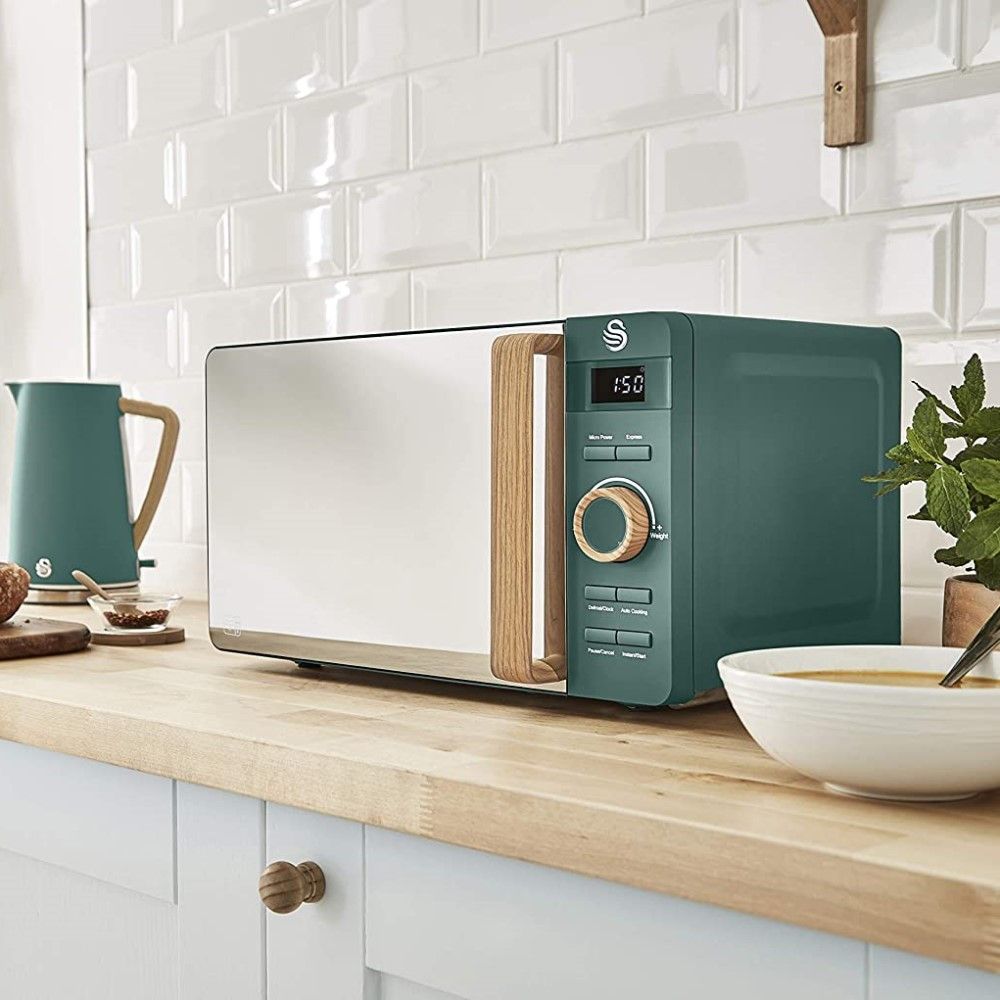 Swan 20L Nordic Digital Microwave in Green on kicthen counter