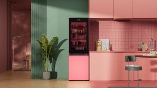 A pink fridge with see through glass