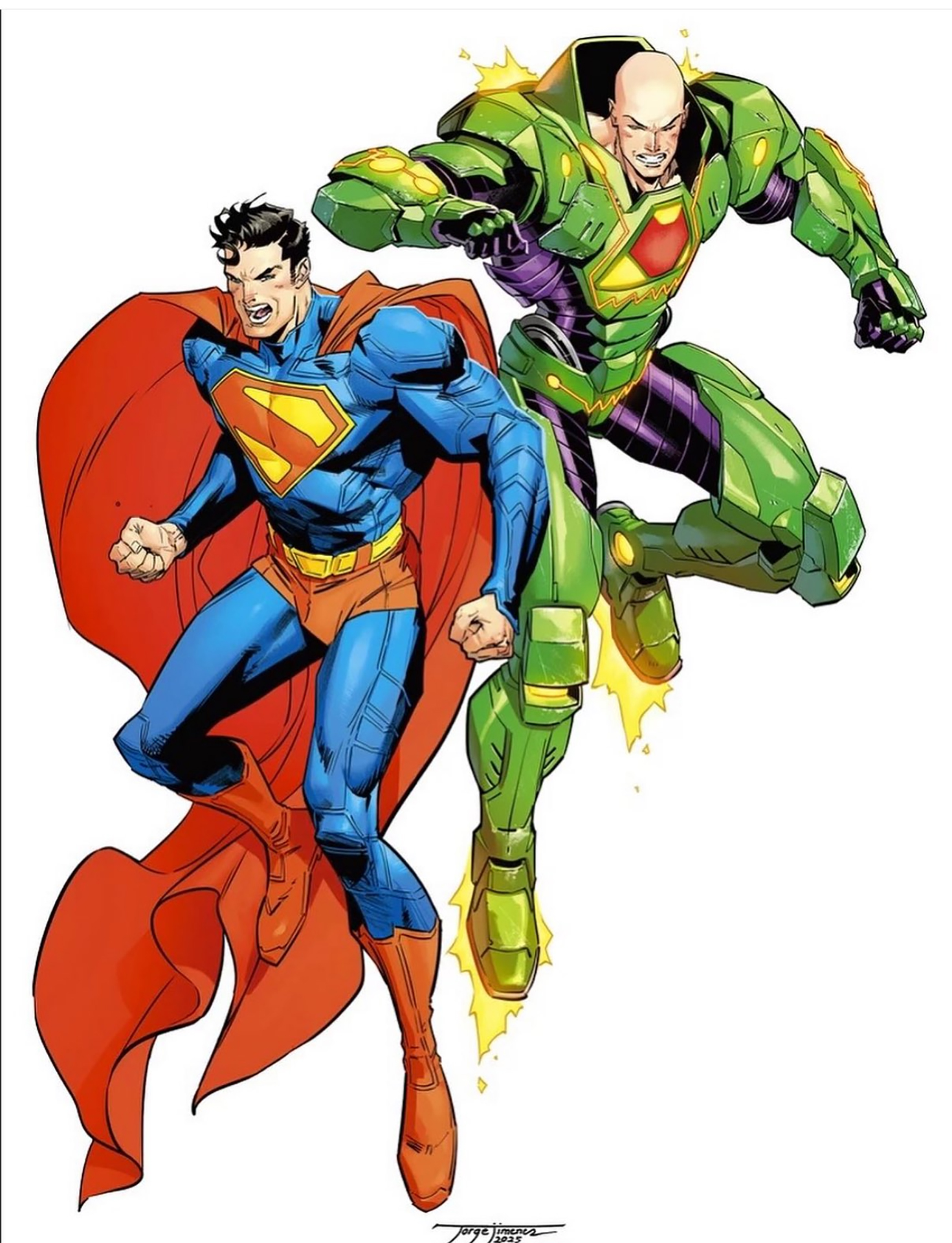 Superman 2 concept art by Jorge Jimenez showing Superman springing into action alongside Lex Luthor, who is wearing his battle armor