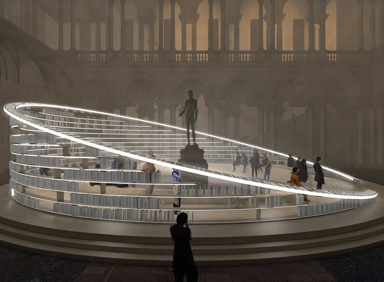A circle of light rests of top of bookshelves