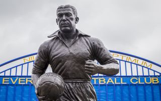 Statue of Dixie Dean outside Everton's Goodison Park stadium, pictured in 2020.