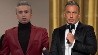 From L to R: Marcello Hern&aacute;ndez as Sebastian Maniscalco in "The New Lawyer" sketch on SNL, Sebastian Maniscalco during his Is It Me? comedy special.