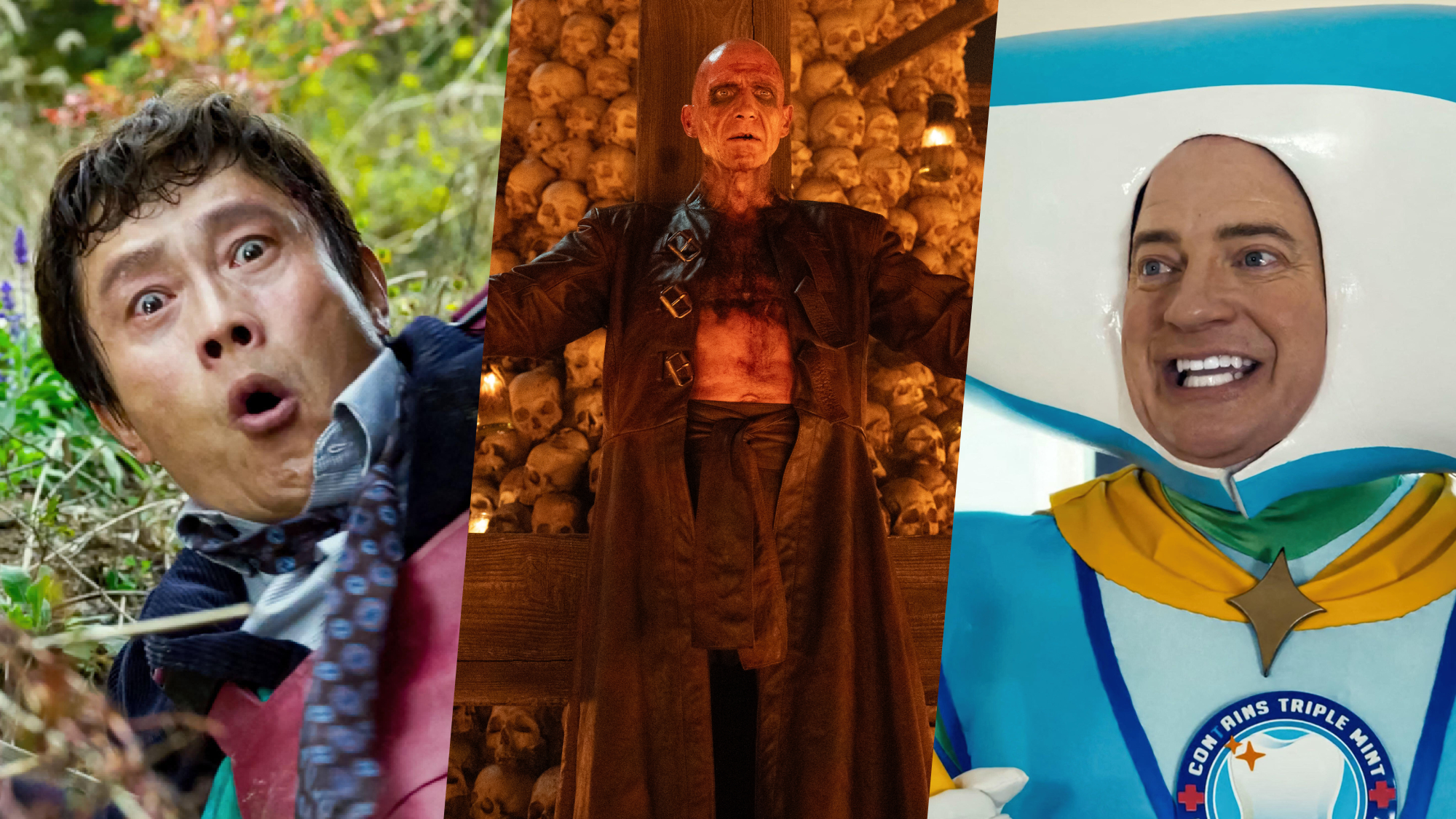 L-R: A photo collage containing a shocked Lee Byung-hun in a scene from Park Chan-wook's "No Other Choice," Dr. Kelson (Ralph Fiennes) in his demonic get-up from "28 Years Later: The Bone Temple," and Brendan Fraser in a toothpaste mascot costume in "Rental Family"