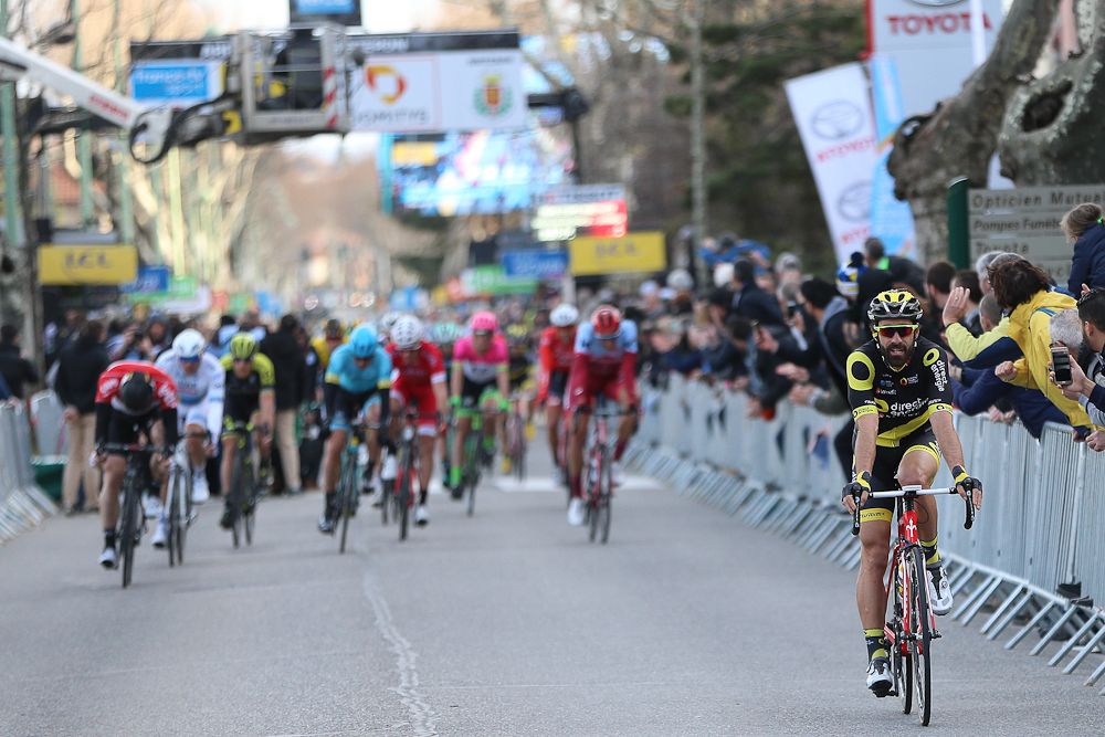 Jerome Cousin (Direct Energie) sits up before celebrating his stage win
