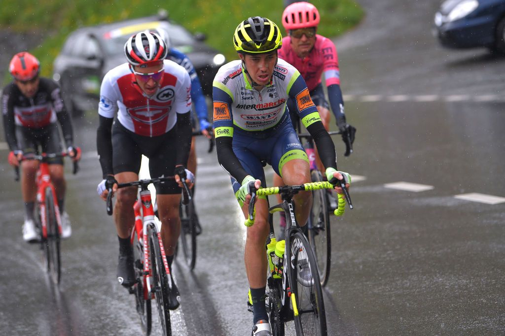 THYON 2000 LES COLLONS SWITZERLAND MAY 01 Simone Petilli of Italy and Team Intermarch Wanty Gobert Matriaux in the Breakaway during the 74th Tour De Romandie 2021 Stage 4 a 1613km stage from Sion to Thyon 2000 Les Collons 2076m TDR2021 TDRnonstop UCIworldtour on May 01 2021 in Thyon 2000 Les Collons Switzerland Photo by Luc ClaessenGetty Images