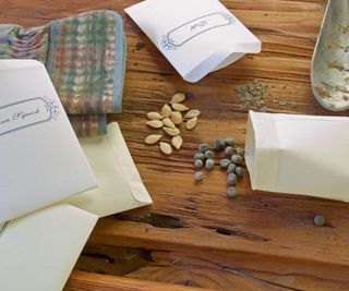 Seeds and seed packets laid on a table