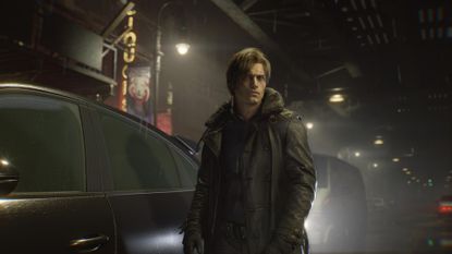 Leon exits his Porsche into streets at night in Resident Evil Requiem