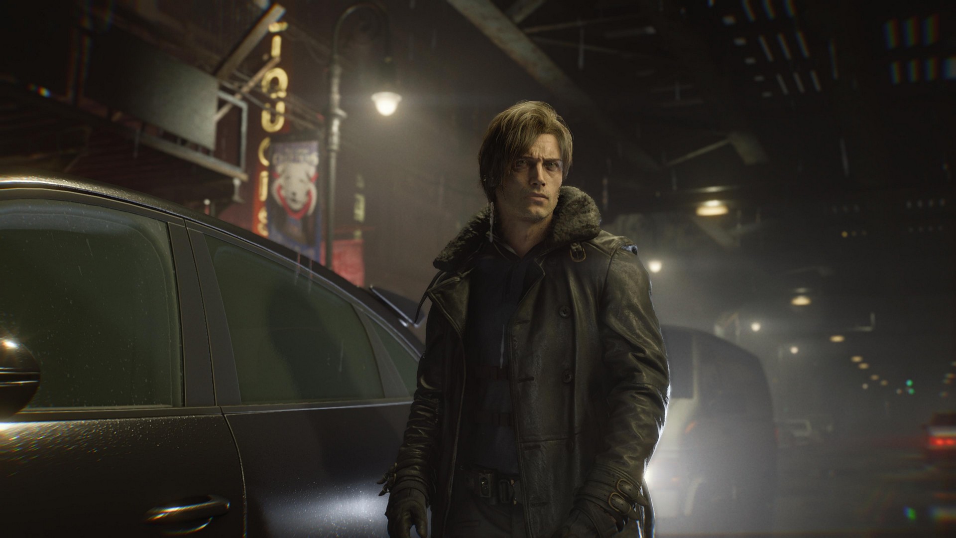 Leon exits his Porsche into streets at night in Resident Evil Requiem