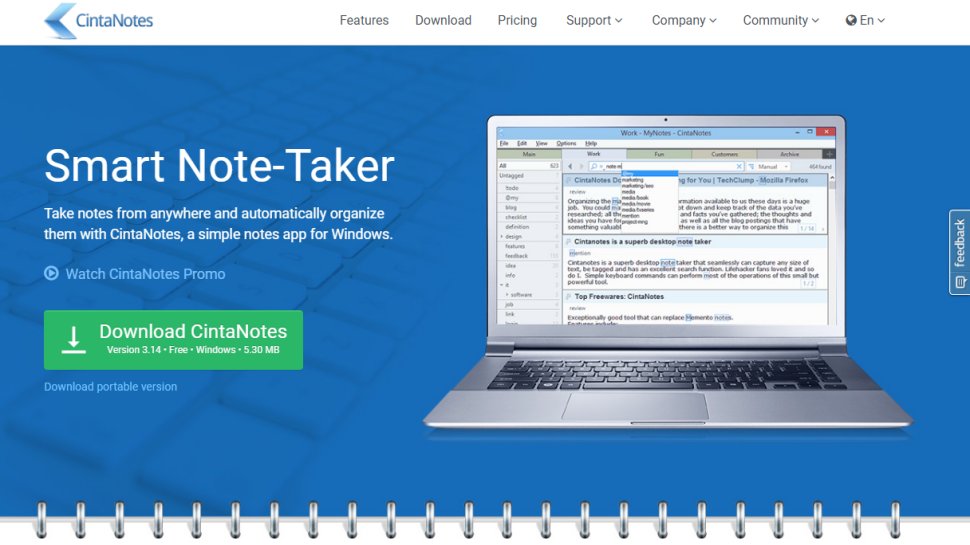 Website screenshot of Cintanotes (January, 2026)