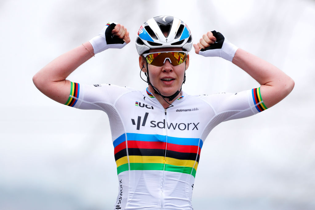 MUR DE HUY BELGIUM APRIL 21 Anna Van Der Breggen of Netherlands and Team SD Worx celebrates at arrival during the 24th La Fleche Wallonne 2021 Women Elite a 1302km race from Huy to Mur de Huy 204m FlecheWallonne FWwomen UCIWWT on April 21 2021 in Mur de Huy Belgium Photo by Bas CzerwinskiGetty Images