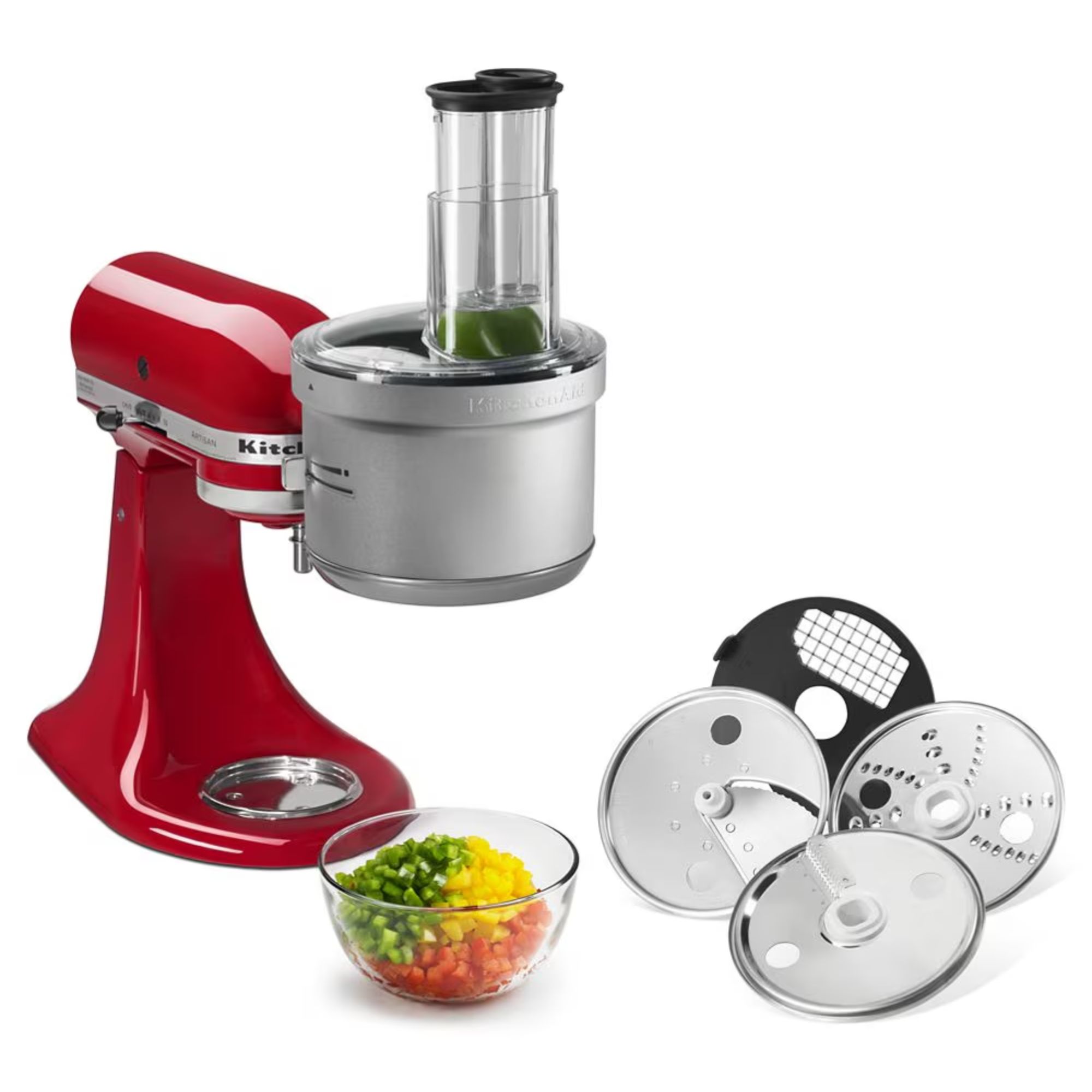 A red KitchenAid Stand Mixer with A silver food processor attachment on the front. Four blade options beside it.