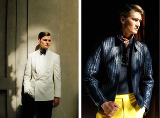 Two images of male models wearing formal clothing by Ralph Lauren.