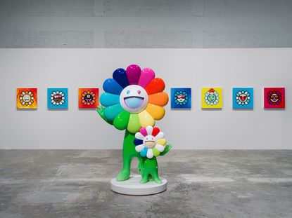 Takashi Murakami Perrotin Dubai exhibition, installation view of colourful flower-like figures