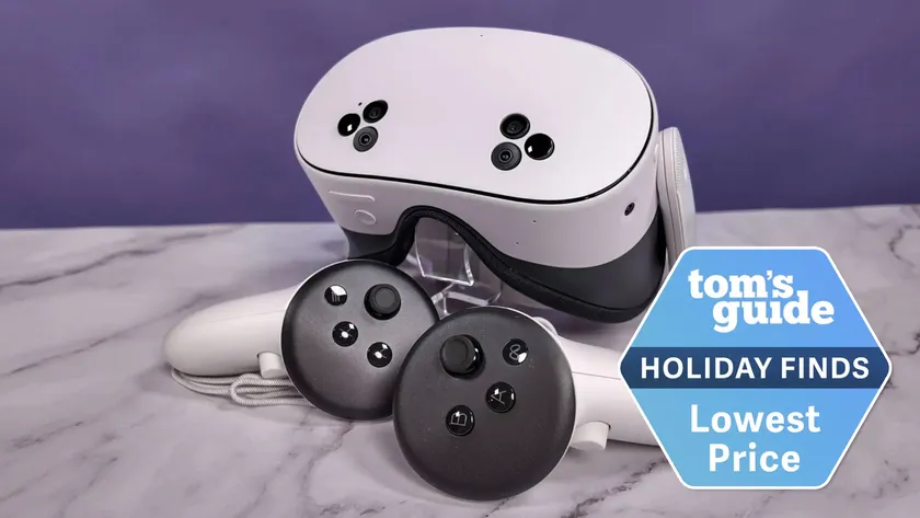 Meta Quest 3S and controllers on table with Tom's Gyude Holiday Finds Lowest Price badge