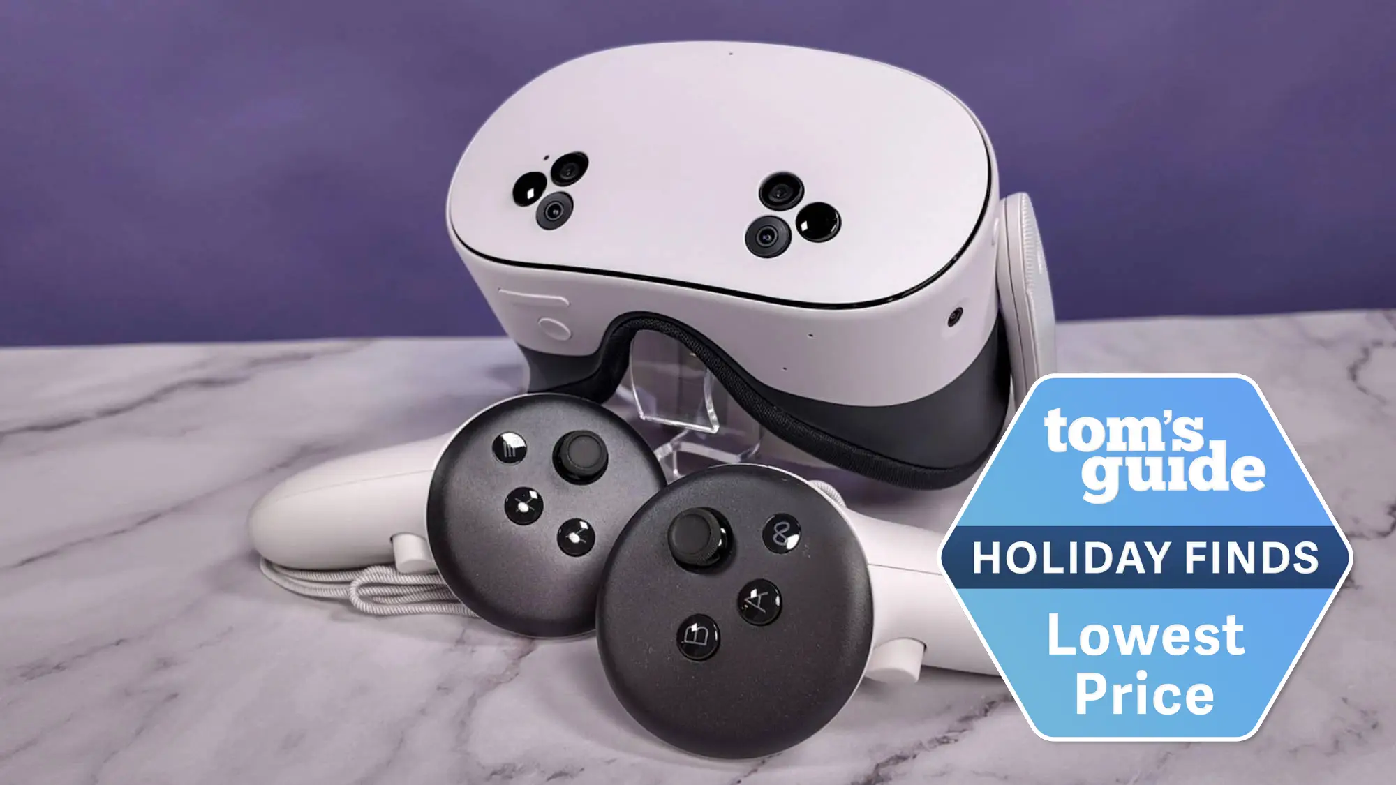 Meta Quest 3S and controllers on table with Tom's Gyude Holiday Finds Lowest Price badge
