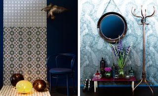 The ’Deep’ interior set included dark Thonet chairs, patterned Cole & Son wallpaper and Venini vases