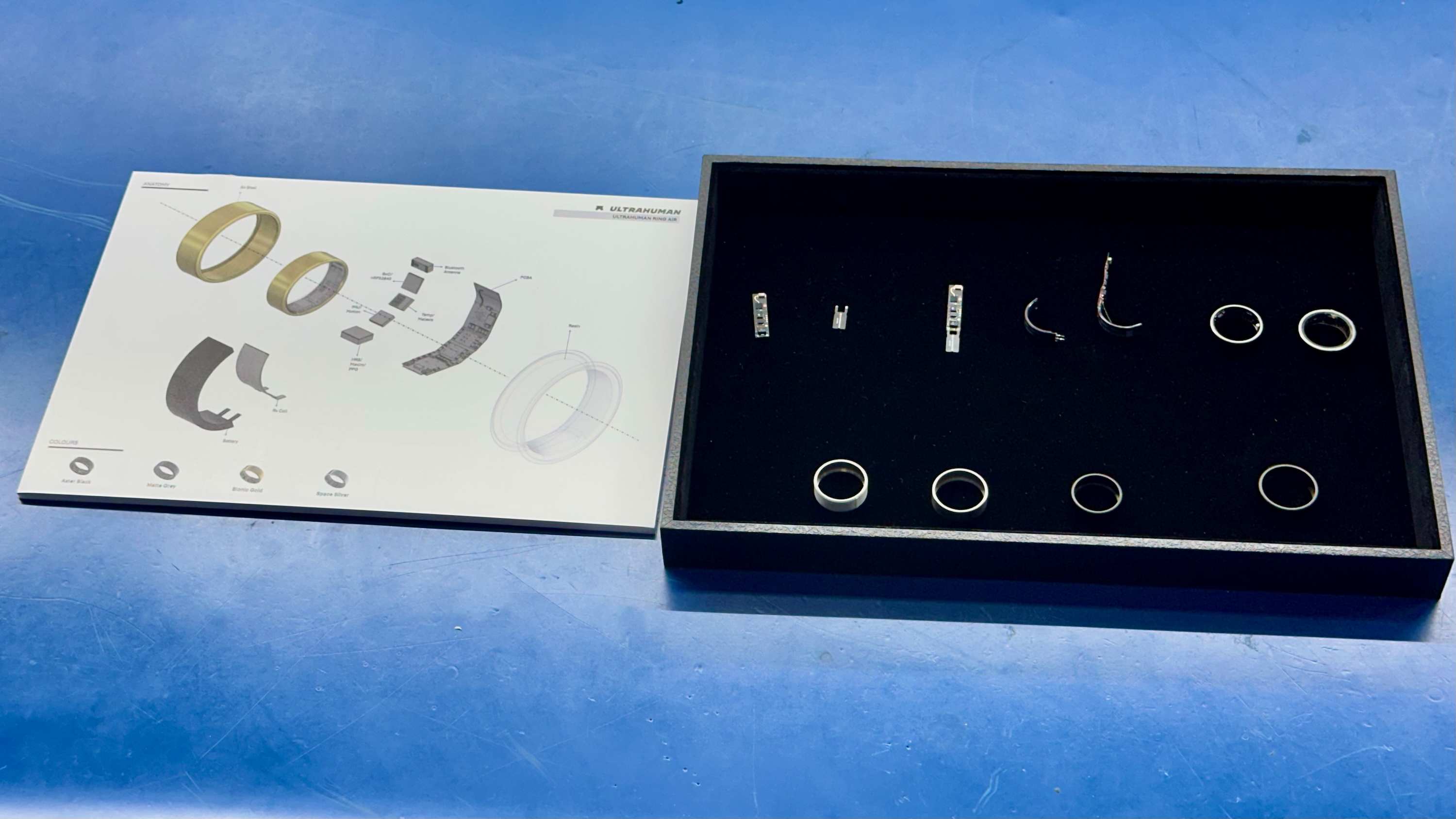 The different components of the Ultrahuman Ring Air in an dark, open-top felt box, with a diagram of ring components next to it.