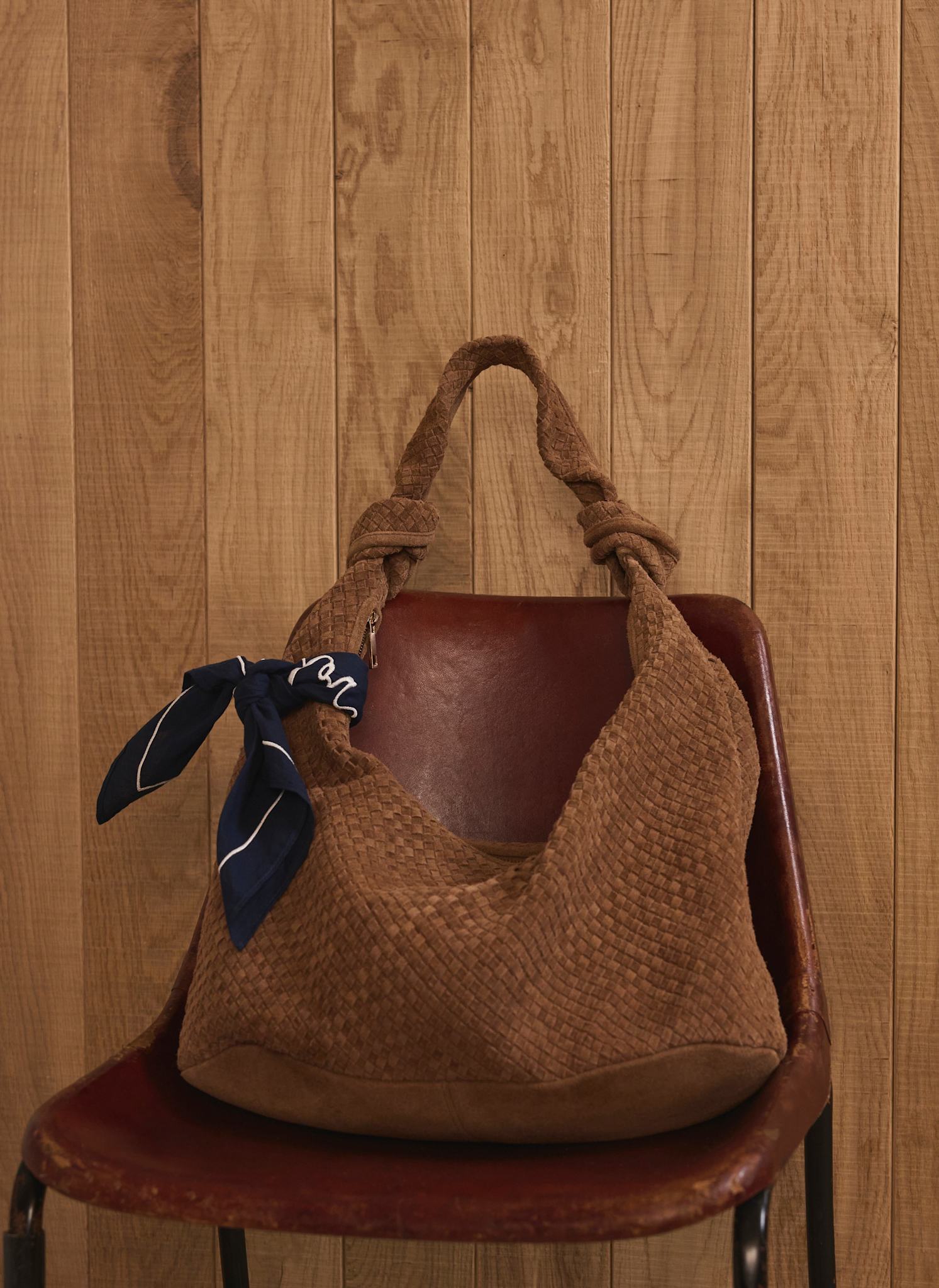 Nora Tan Woven Suede Knot Detail Bag