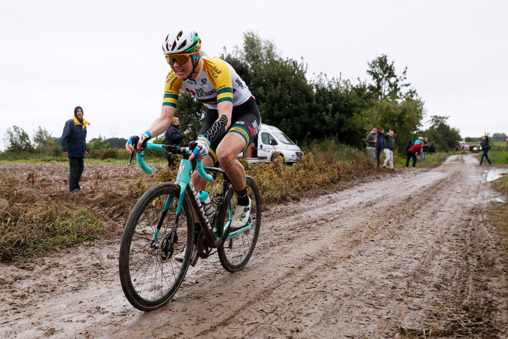 ROUBAIX, FRANCE - OCTOBER 02: Sarah Roy of Australia and Team BikeExchange competes during the 1st Paris-Roubaix 2021 - Women&amp;amp;apos;s Elite a 116,4km race from Denain to Roubaix / #ParisRoubaixFemmes / #ParisRoubaix / on October 02, 2021 in Roubaix, France. (Photo by Bas Czerwinski/Getty Images)