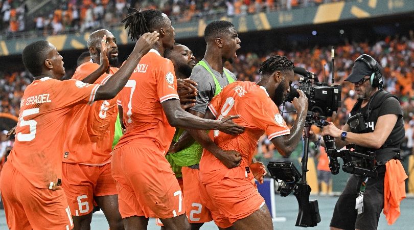 Ivory Coast players celebrate after Franck Kessie&#039;s equaliser in the AFCON 2023 final against Nigeria in February 2024.