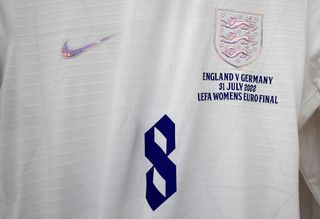 Detailed view of the shirt of Leah Williamson of England in the England dressing room prior to the UEFA Women's Euro 2022 final match between England and Germany at Wembley Stadium on July 31, 2022 in London, England.