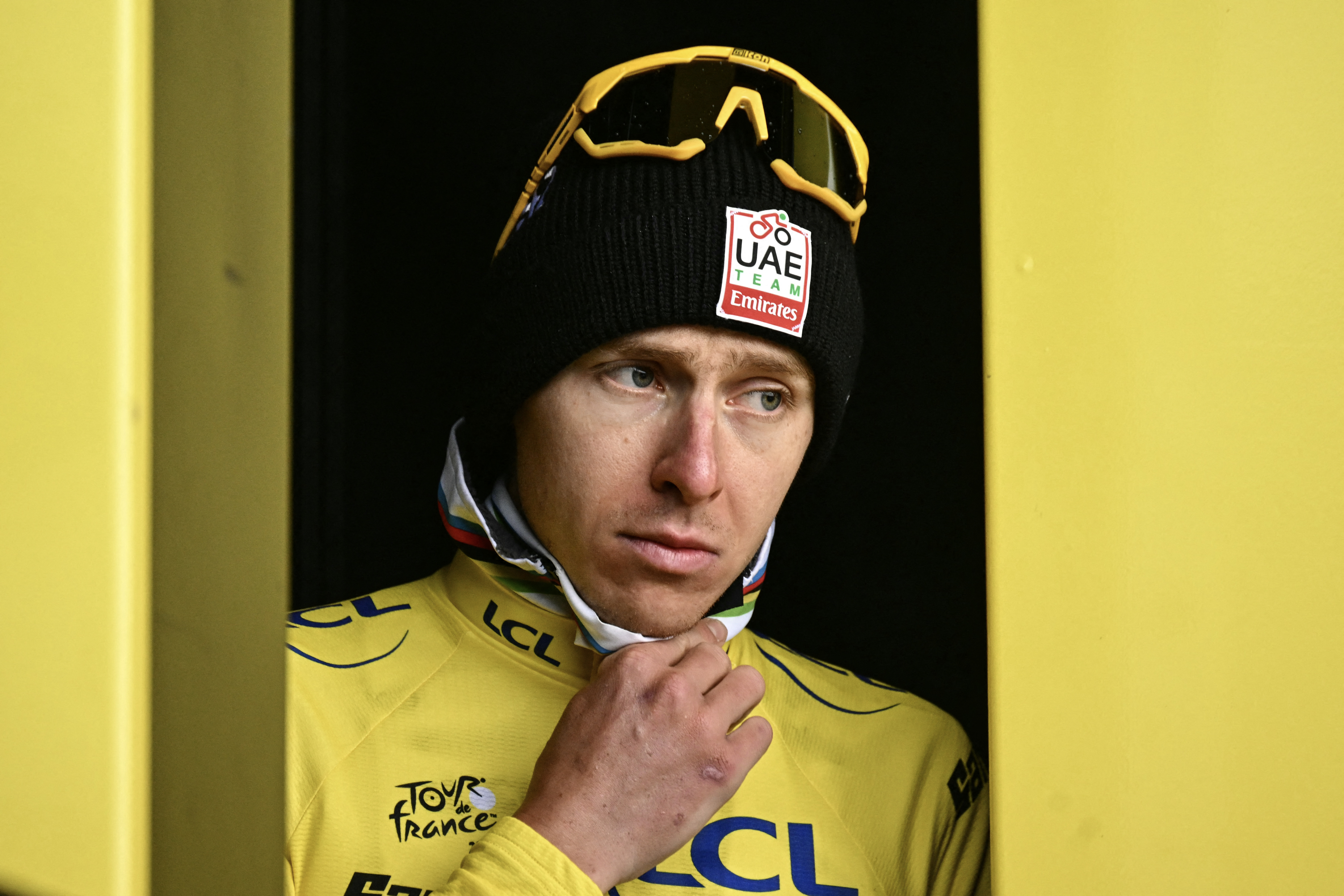 Tadej Pogačar on the Tour de France podium