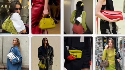 a collage of '90s handbags on the runway and style set 